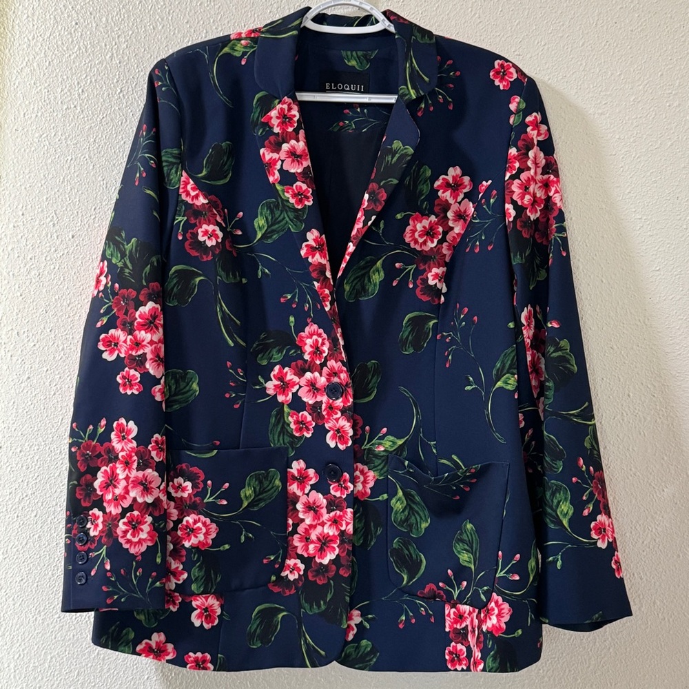 Eloquii Navy Blazer with Pink Floral Print